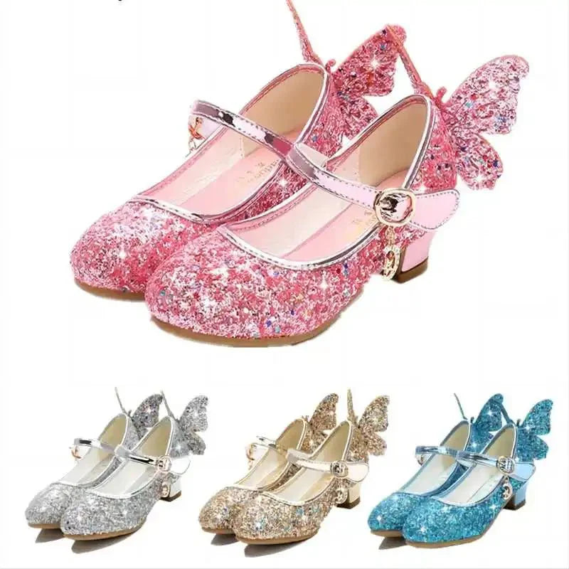 Girls glitter high heel leather shoes with diamond bowknot, perfect for kids' parties and dance, by SHOWLU FASHION STORE.