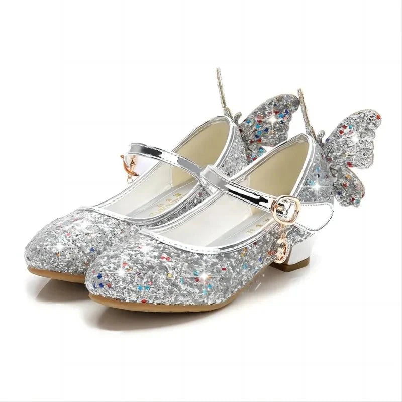 Girls glitter high heel leather shoes with diamond bowknot, perfect for parties and dance, by SHOWLU FASHION STORE.