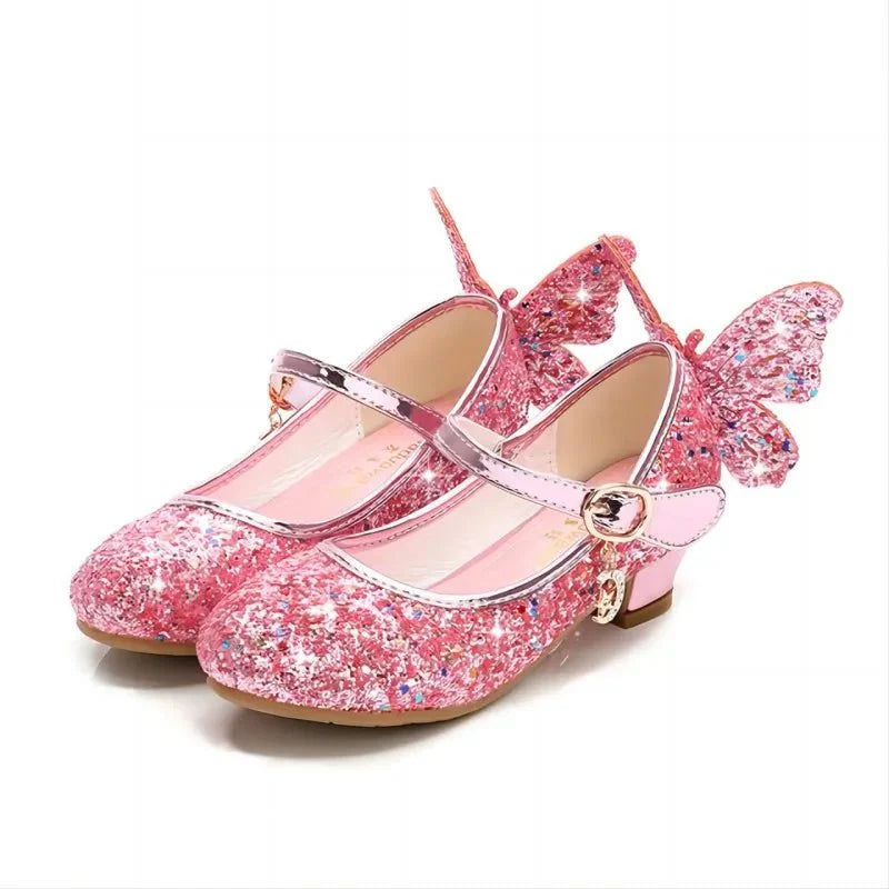 Girls glitter high heel leather shoes with diamond bowknot, perfect for parties and dance, by SHOWLU FASHION STORE.
