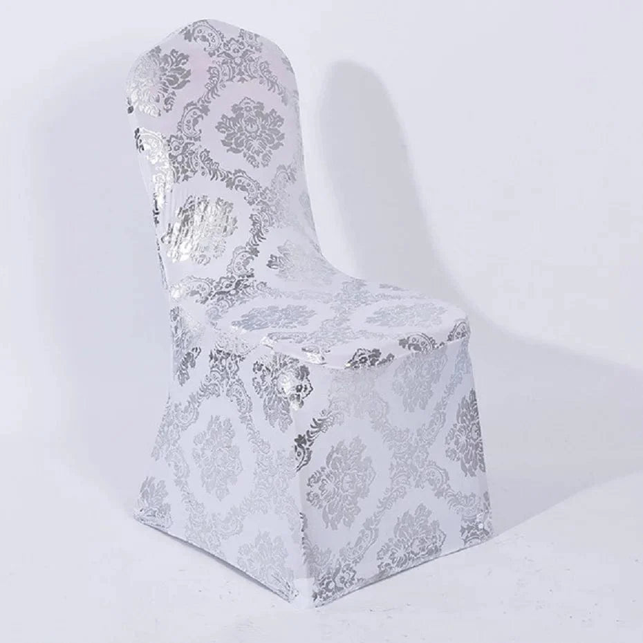 Printed spandex chair cover with metallic pattern, ideal for wedding, banquet, or party decor, by Showlu Fashion Store