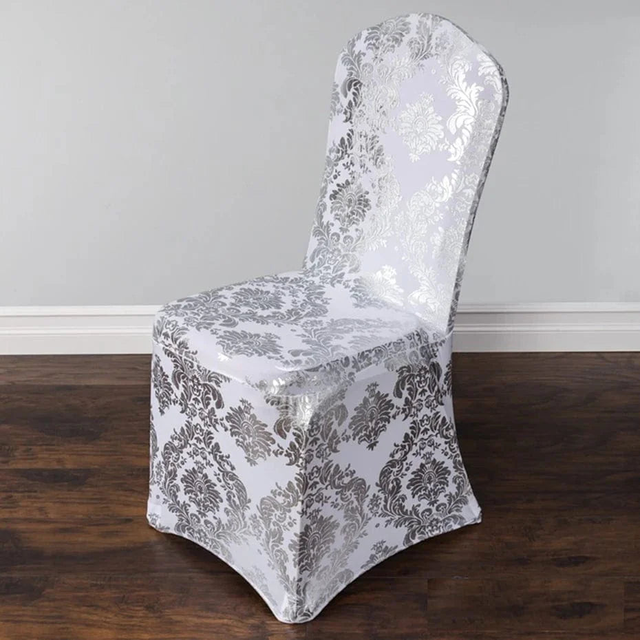 Printed spandex chair cover with metallic pattern for wedding and banquet decor, featuring elegant design for special events.