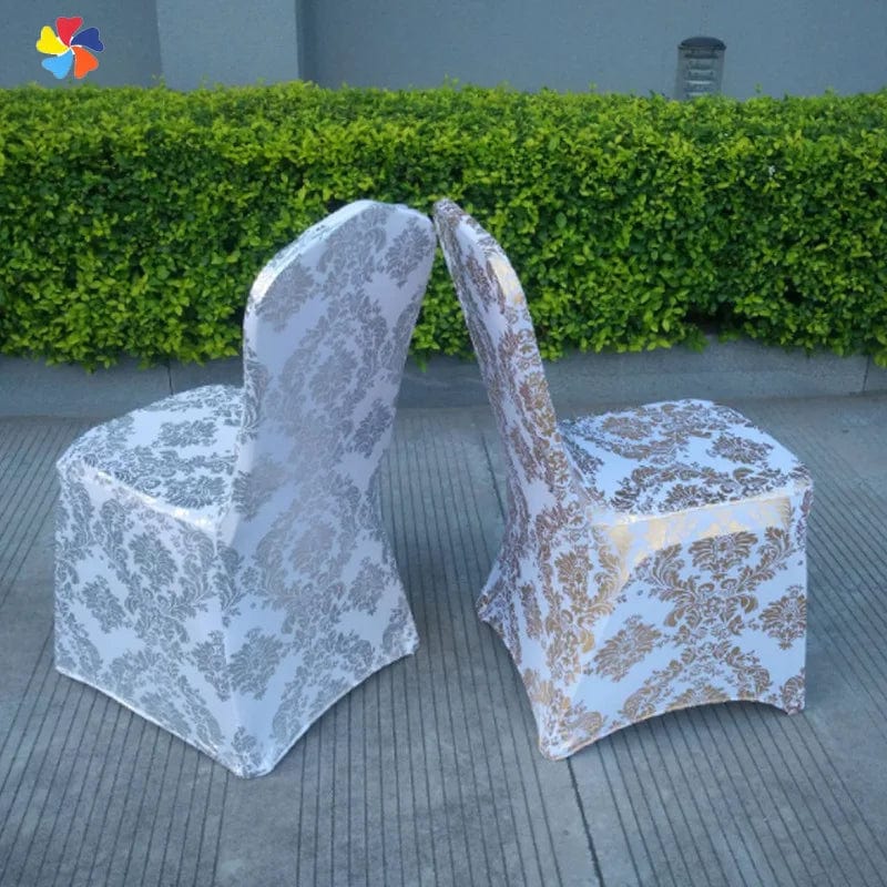 Printed spandex chair cover with metallic pattern for wedding, banquet, or party decoration, designed by Showlu Fashion Store.