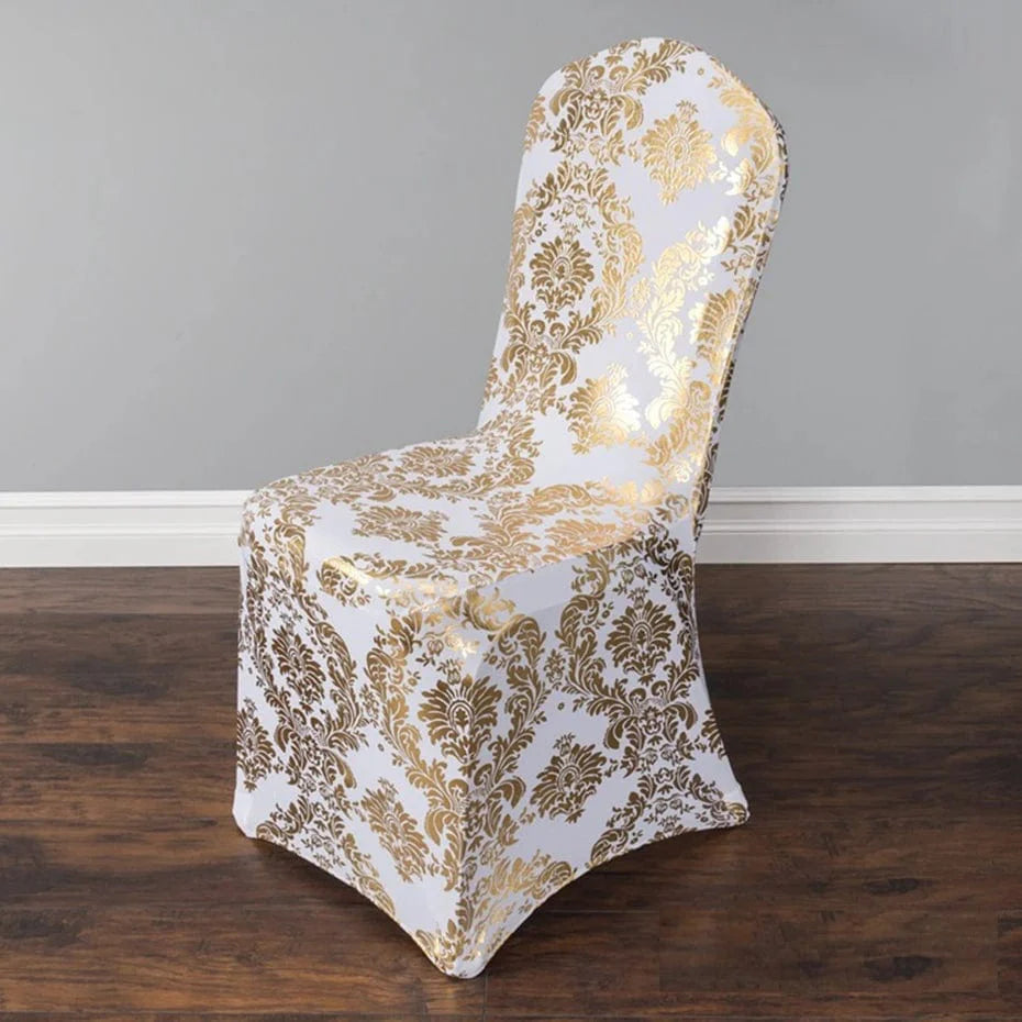 Showlu Fashion Store printed spandex chair cover with metallic pattern, ideal for wedding, banquet, and party dining room decor.