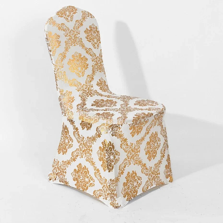 Printed spandex chair cover with metallic pattern for wedding and banquet decor, ideal for elegant party and dining room settings.