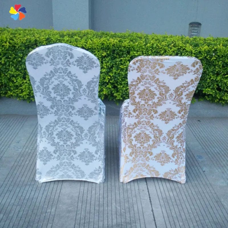 Printed spandex chair cover with metallic pattern for wedding and banquet decor, perfect for elegant party and event settings.