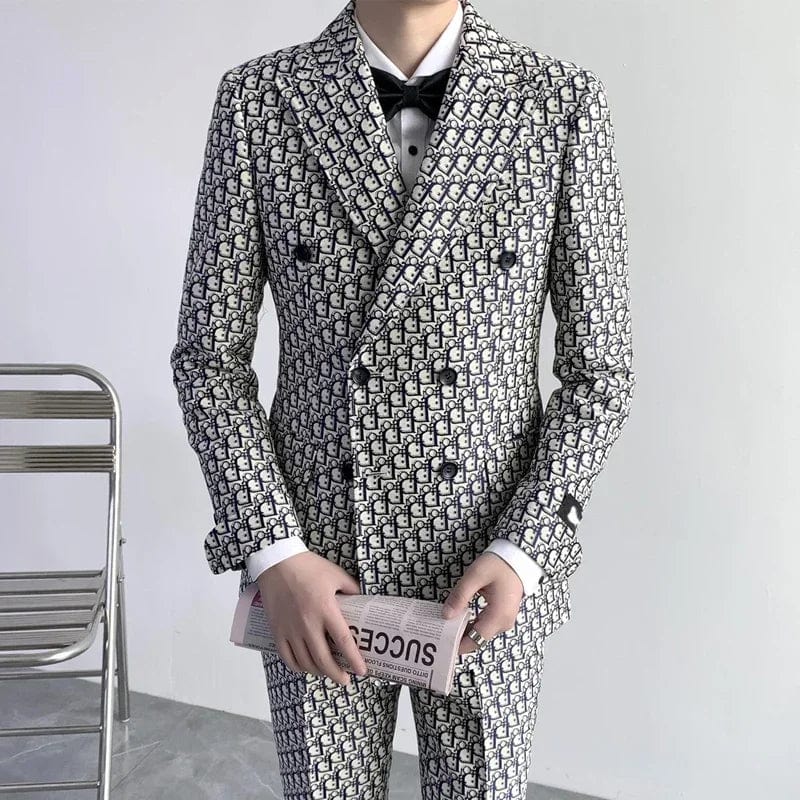 Slim fit double-breasted wedding tuxedo suit for men, includes jacket and pants, stylish formal attire for special occasions.