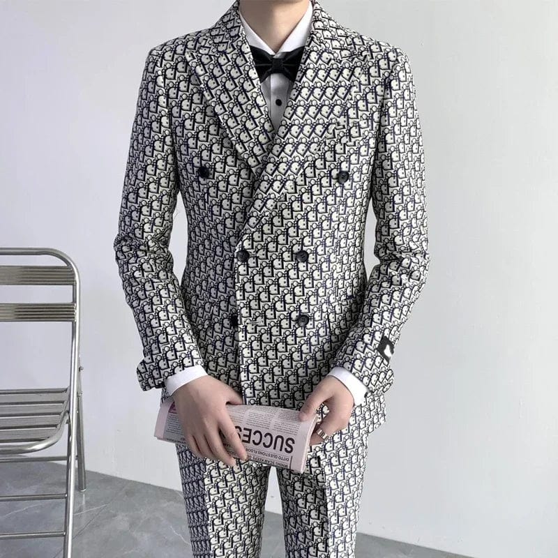 Printed Letter Men Suits Slim Fit Double Breasted Groom Tuxedos For Wedding 2 Pcs Male Fashion Costume Jacket With Pants 2024 - SHOWLU FASHION STORE