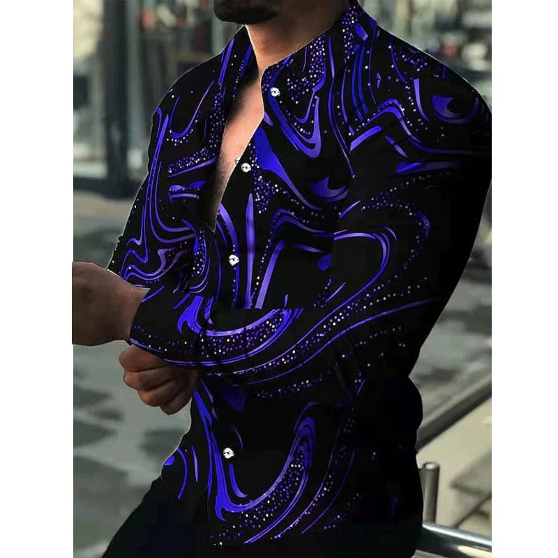 SHOWLU FASHION men's slim fit printed long sleeve shirt, summer style, with colorful pattern and tailored fit.
