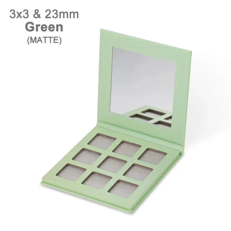 Showlu 9-color eyeshadow palette with high pigment matte and shimmer shades, arranged in a sleek cardboard case.