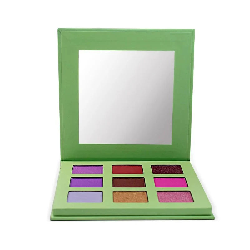 Showlu 9-color eyeshadow palette with high-pigment matte and shimmer shades in a compact cardboard case.