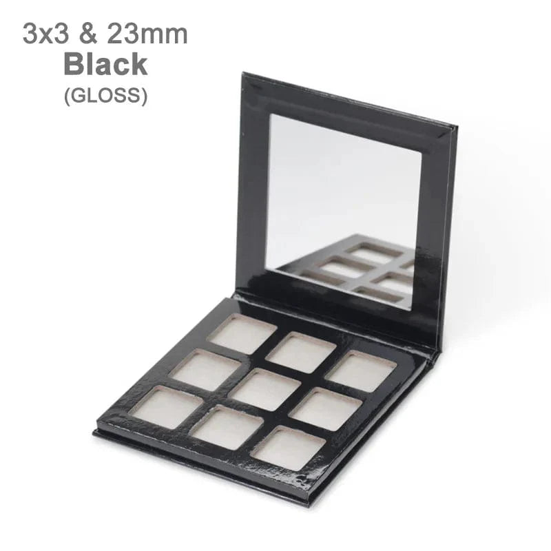 Showlu 9-color eyeshadow palette with high-pigment matte and shimmer shades, displayed in an empty cardboard palette.