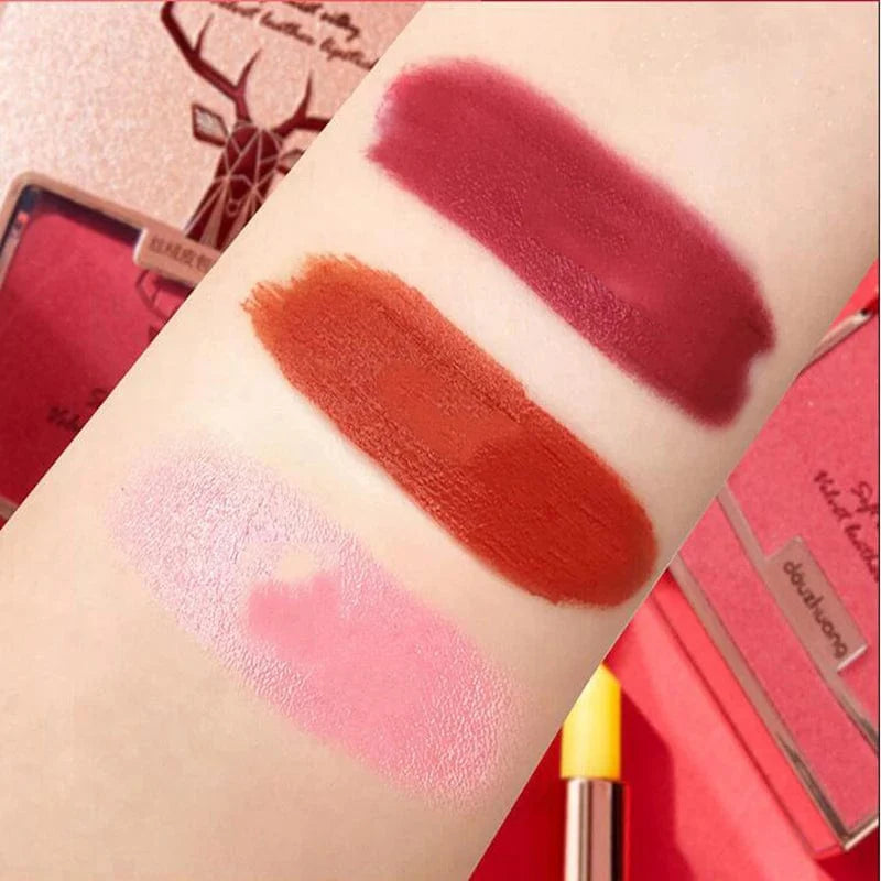 Showlu Fashion's MANSLY 3-piece matte lipstick and lip balm set with glitter chain bag, featuring moisturizing, velvet finish lip products.