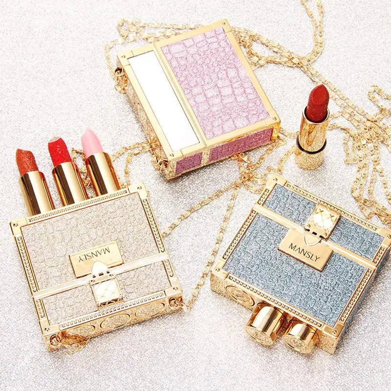 Showlu Fashion MANSLY 3-piece matte lipstick and lip balm set with glitter chain bag, featuring moisturizing, velvet finish products.