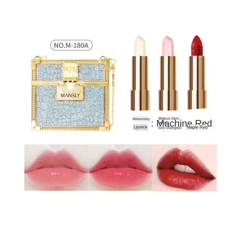 Showlu Fashion MANSLY 3-piece matte lipstick and lip balm set with a glitter chain bag, featuring moisturizing, velvet finish, and lasting color.