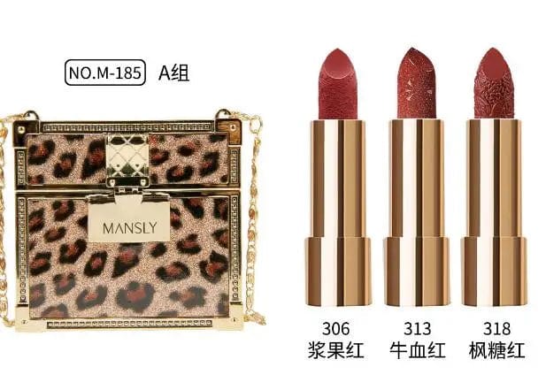 MANSLY 3-piece matte lipstick and lip balm set with glitter chain bag, featuring moisturizing, long-lasting velvet lip products.