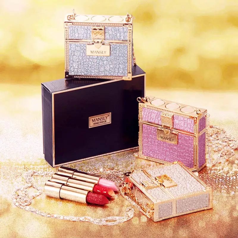 Showlu Fashion Store MANSLY 3-piece matte lipstick and lip balm set with glitter chain bag, featuring moisturizing and lasting velvet finish.