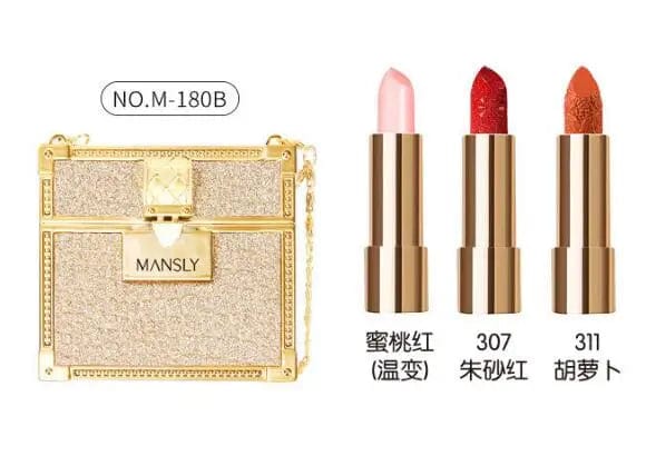Showlu Fashion Store MANSLY 3-piece matte lipstick and lip balm set with glitter chain bag, featuring moisturizing, velvet finish.