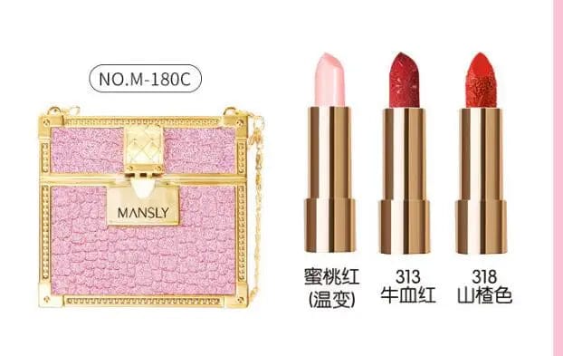 Set of three matte lipsticks and lip balm with glitter chain bag, featuring moisturizing velvet textures and stylish makeup essentials.