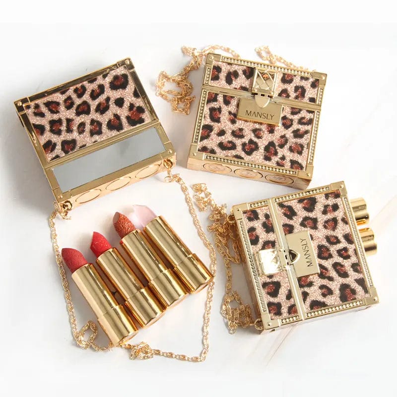 Showlu Fashion Store MANSLY 3-piece matte lipstick and lip balm set with velvet finish, includes a glitter chain bag.