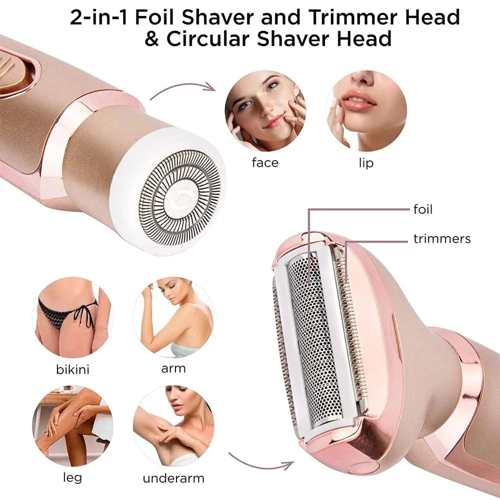 VGR 2-in-1 electric epilator and razor for women, USB rechargeable, hair removal device for face, bikini, and body.
