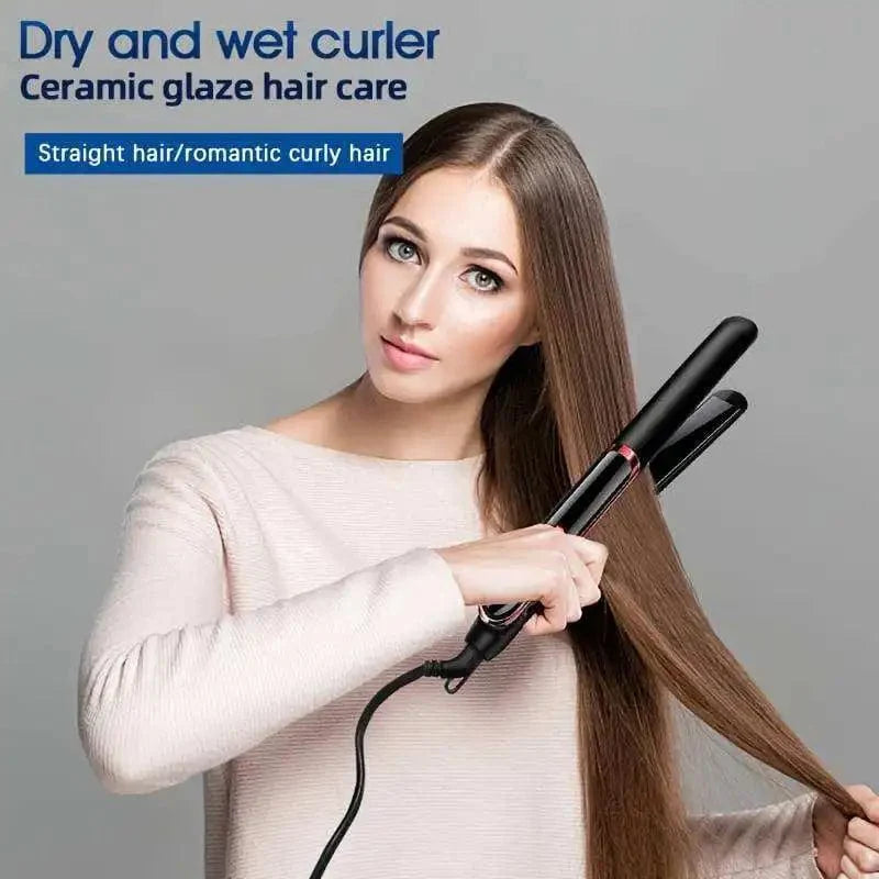 YIBER 2-in-1 negative ion hair straightener and curler with tourmaline ceramic plates, black professional styling tool.