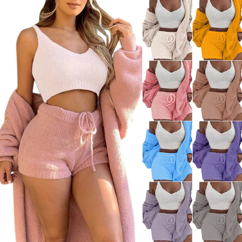 Showlu women's 3-piece velvet pajama set with long-sleeve crop top and drawstring shorts, comfortable sleepwear ensemble.