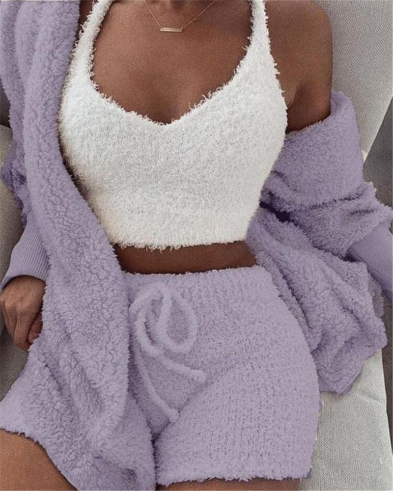 Showlu Women's 3-piece velvet pajama set with long-sleeve crop top and drawstring shorts, soft and stylish sleepwear ensemble.