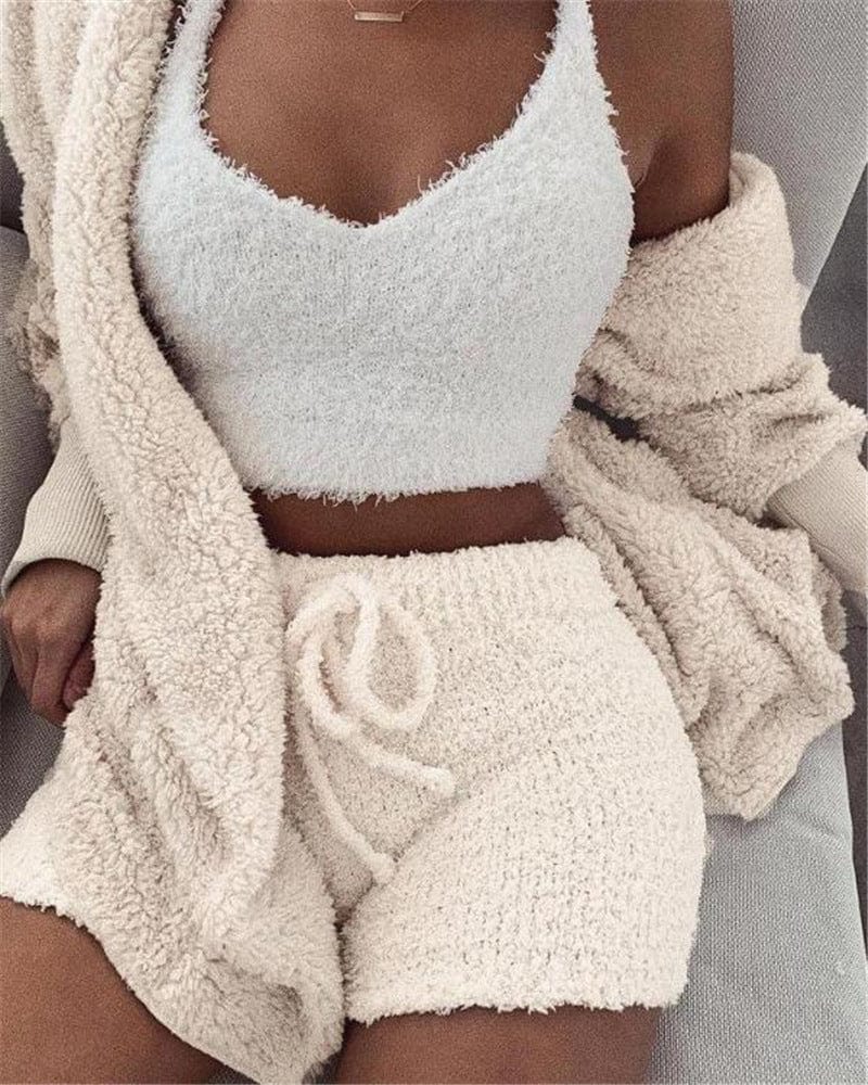 Showlu Women's 3-Piece Velvet Pajama Set with long-sleeve crop top and drawstring shorts, soft and stylish sleepwear ensemble.