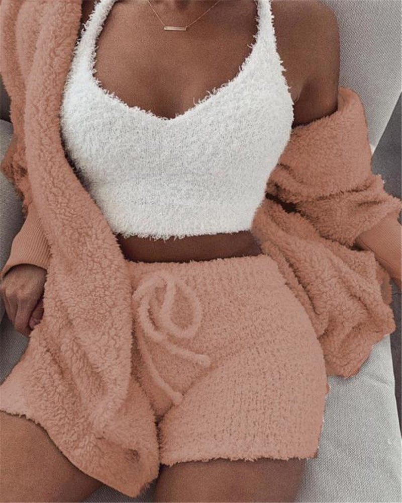 Showlu Women's 3-Piece Velvet Pajama Set with long-sleeve crop top and drawstring shorts, soft and stylish sleepwear.