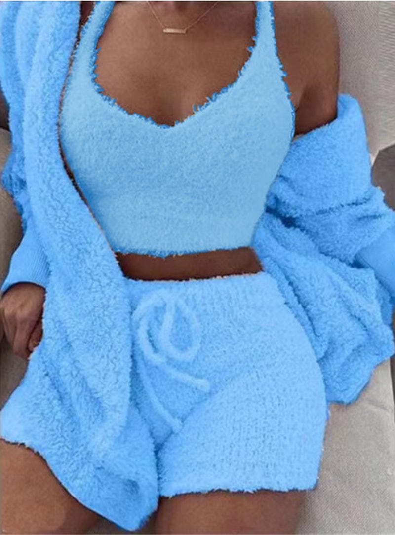 Showlu Women's 3-Piece Velvet Pajama Set with long sleeve crop top and drawstring shorts, soft and comfortable sleepwear.