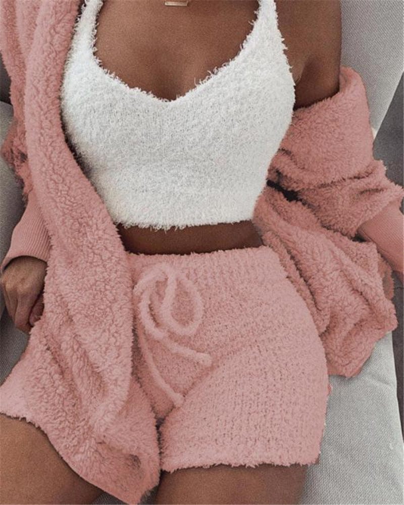 Showlu Women's 3-Piece Velvet Pajama Set with long-sleeve crop top and drawstring shorts, soft and comfortable sleepwear.