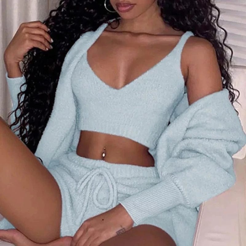 Showlu Women's 3-piece velvet pajama set with long-sleeve crop top and drawstring shorts, soft and comfortable sleepwear.