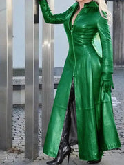 PU Leather Long Dress For Women Solid Color Slim Zipper Dresses Stand Collar Lady Long Sleeve Jacket 2023 Fashion Woman Clothing - SHOWLU FASHION STORE