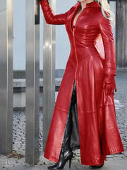 PU Leather Long Dress For Women Solid Color Slim Zipper Dresses Stand Collar Lady Long Sleeve Jacket 2023 Fashion Woman Clothing - SHOWLU FASHION STORE