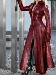 PU Leather Long Dress For Women Solid Color Slim Zipper Dresses Stand Collar Lady Long Sleeve Jacket 2023 Fashion Woman Clothing - SHOWLU FASHION STORE
