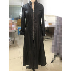 PU Leather Long Dress For Women Solid Color Slim Zipper Dresses Stand Collar Lady Long Sleeve Jacket 2023 Fashion Woman Clothing - SHOWLU FASHION STORE
