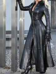 PU Leather Long Dress For Women Solid Color Slim Zipper Dresses Stand Collar Lady Long Sleeve Jacket 2023 Fashion Woman Clothing - SHOWLU FASHION STORE