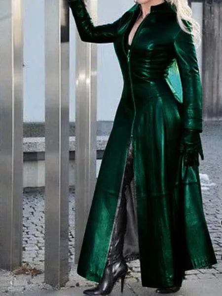 PU Leather Long Dress For Women Solid Color Slim Zipper Dresses Stand Collar Lady Long Sleeve Jacket 2023 Fashion Woman Clothing - SHOWLU FASHION STORE