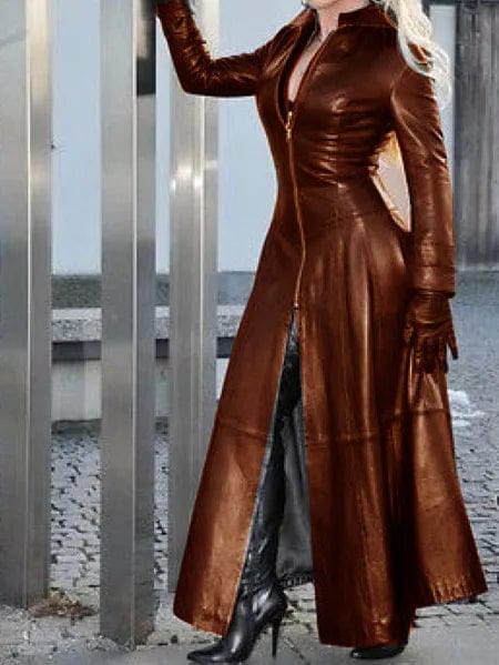 PU Leather Long Dress For Women Solid Color Slim Zipper Dresses Stand Collar Lady Long Sleeve Jacket 2023 Fashion Woman Clothing - SHOWLU FASHION STORE