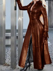 PU Leather Long Dress For Women Solid Color Slim Zipper Dresses Stand Collar Lady Long Sleeve Jacket 2023 Fashion Woman Clothing - SHOWLU FASHION STORE