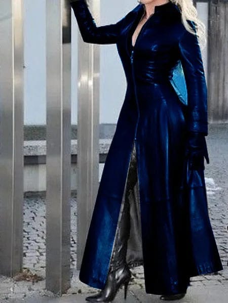 PU Leather Long Dress For Women Solid Color Slim Zipper Dresses Stand Collar Lady Long Sleeve Jacket 2023 Fashion Woman Clothing - SHOWLU FASHION STORE