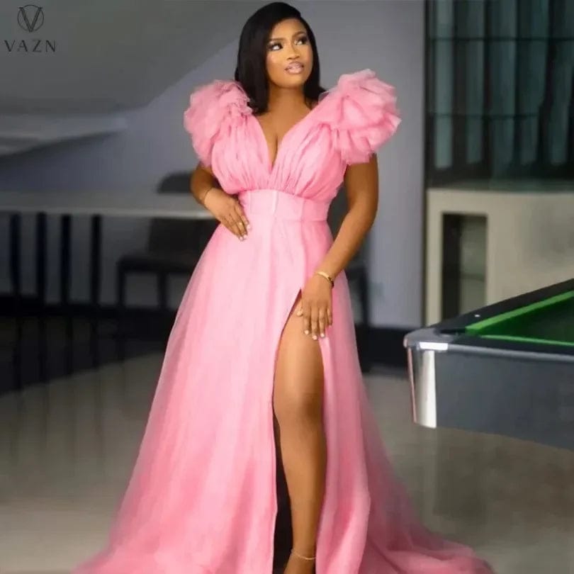 Puff Mesh Short Sleeves Women Party Dress Plus Size 5XL Side Split Deep V Neck Sexy Club Dresses 2024 Charming Birthday Dresses - SHOWLU FASHION STORE