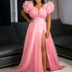 Puff Mesh Short Sleeves Women Party Dress Plus Size 5XL Side Split Deep V Neck Sexy Club Dresses 2024 Charming Birthday Dresses - SHOWLU FASHION STORE