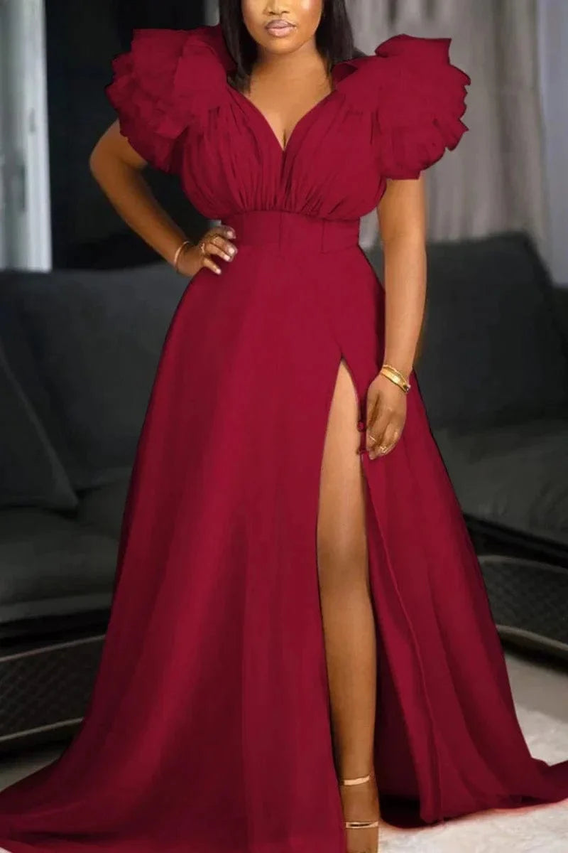 Showlu Women's V-Neck Puff Mesh Sleeve Party Dress with side slit, deep V-neck, short puff sleeves, perfect for club or birthday events.