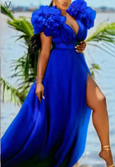Puff Mesh Short Sleeves Women Party Dress Plus Size 5XL Side Split Deep V Neck Sexy Club Dresses 2024 Charming Birthday Dresses - SHOWLU FASHION STORE