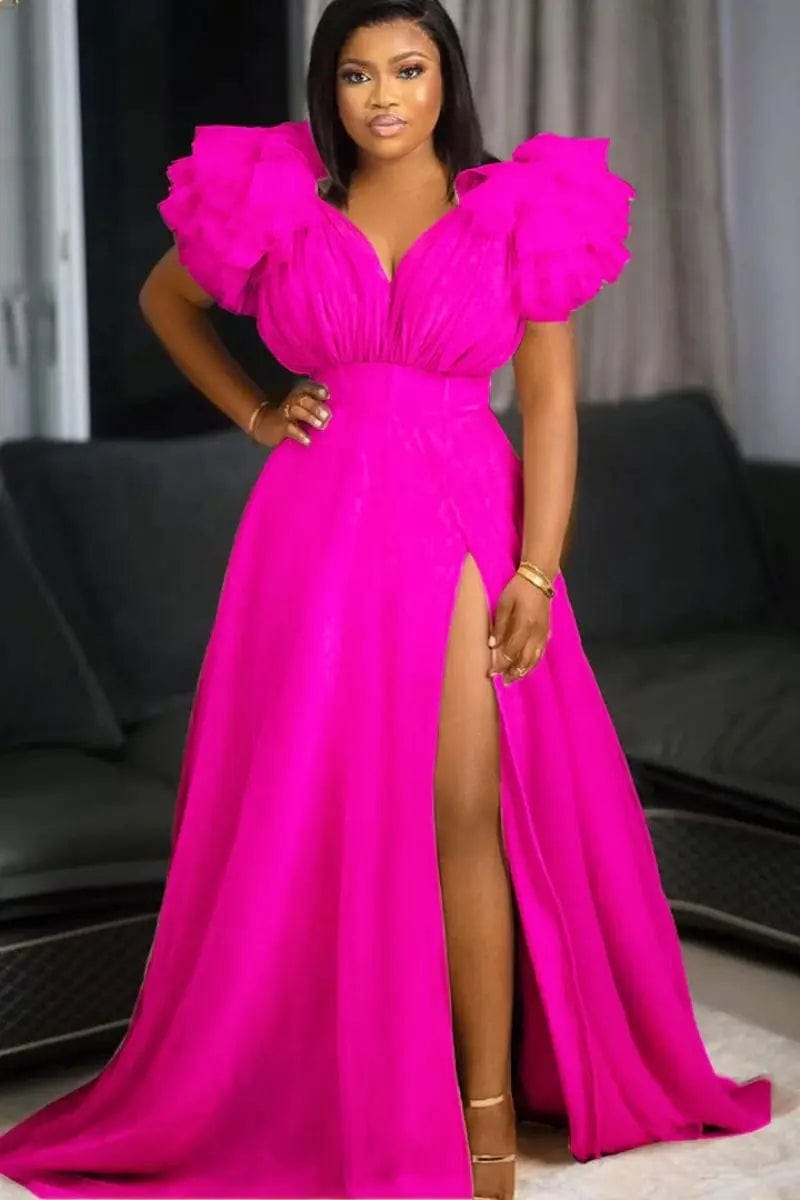Puff Mesh Short Sleeves Women Party Dress Plus Size 5XL Side Split Deep V Neck Sexy Club Dresses 2024 Charming Birthday Dresses - SHOWLU FASHION STORE