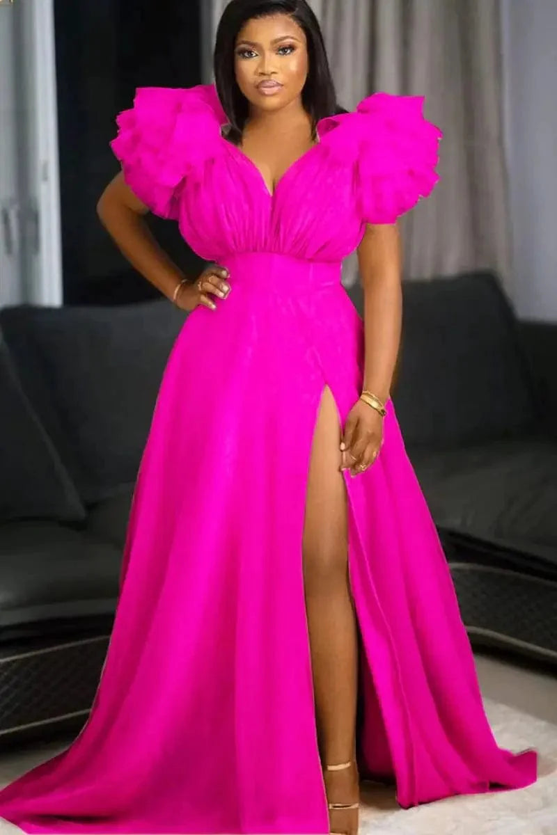 Showlu Women's V-Neck Puff Mesh Sleeve Side Split Party Dress, deep V-neck, short puff sleeves, plus size 5XL, stylish for parties