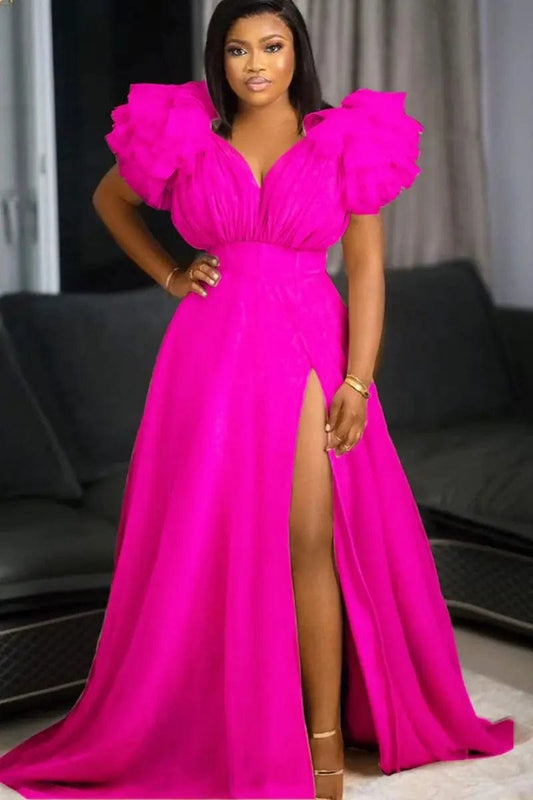Puff Mesh Short Sleeves Women Party Dress Plus Size 5XL Side Split Deep V Neck Sexy Club Dresses 2024 Charming Birthday Dresses - SHOWLU FASHION STORE