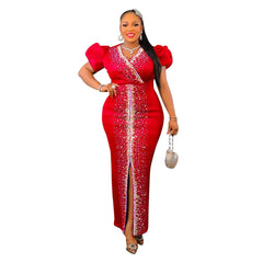 Puff Sleeve Birthday Party Prom Rhinestone Slit Dress Long Luxury Elegant Women Night Club Wedding Evening Sexy Bodycon Dresses - SHOWLU FASHION STORE
