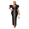 SHOWLU FASHION Puff Sleeve Rhinestone Slit Evening Dress, sexy bodycon style with elegant puff sleeves for night club or wedding events.